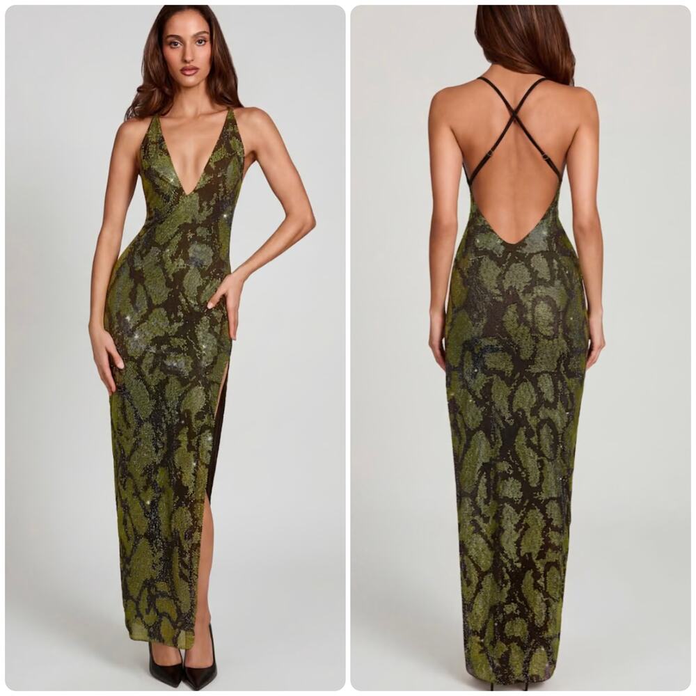 Oh Polly Luserna Embellished Halterneck Maxi Dress Open Back Green Snake Size 4